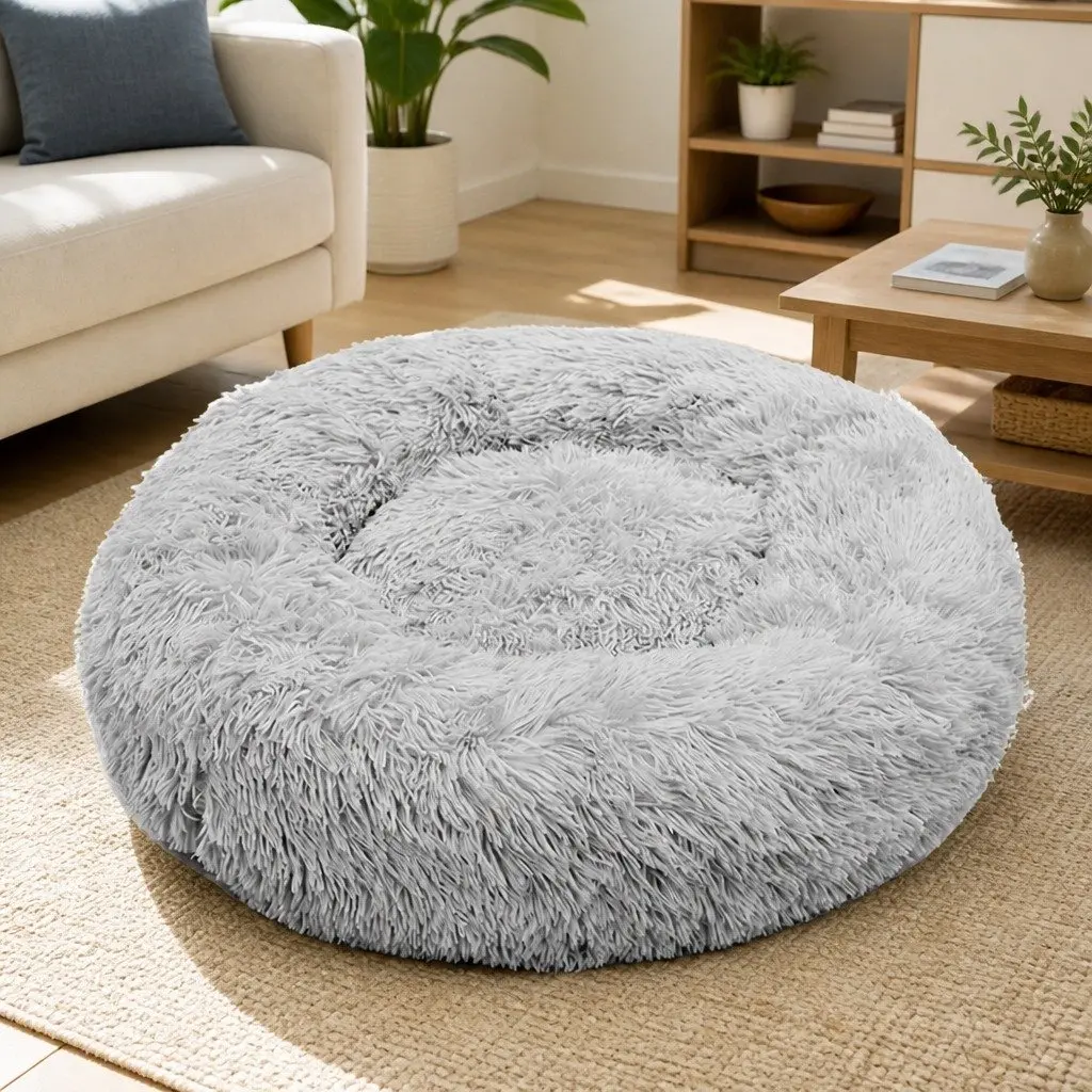 Plush Dog Bed Large Round 90cm Light Grey