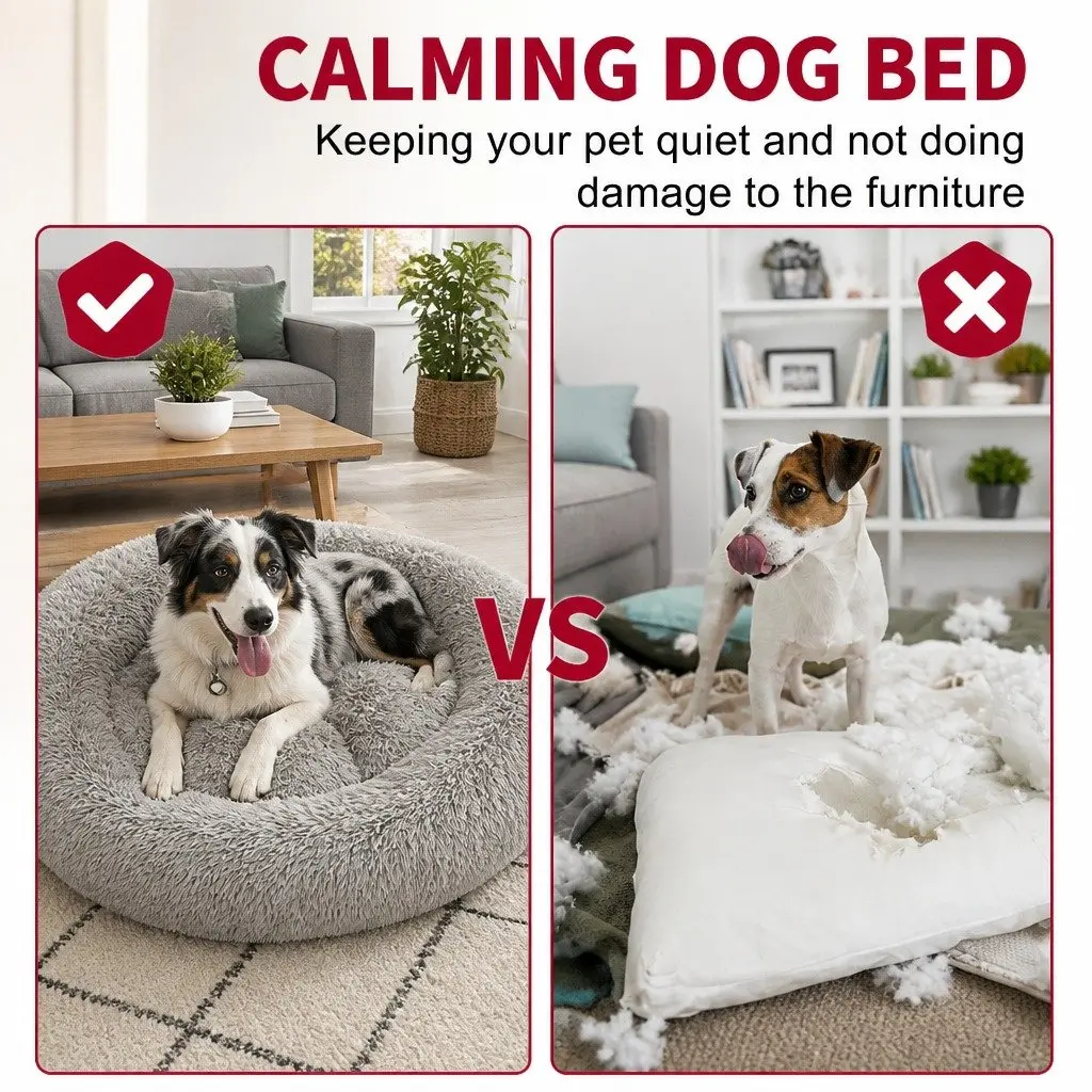 Plush Dog Bed Large Round 90cm Light Grey