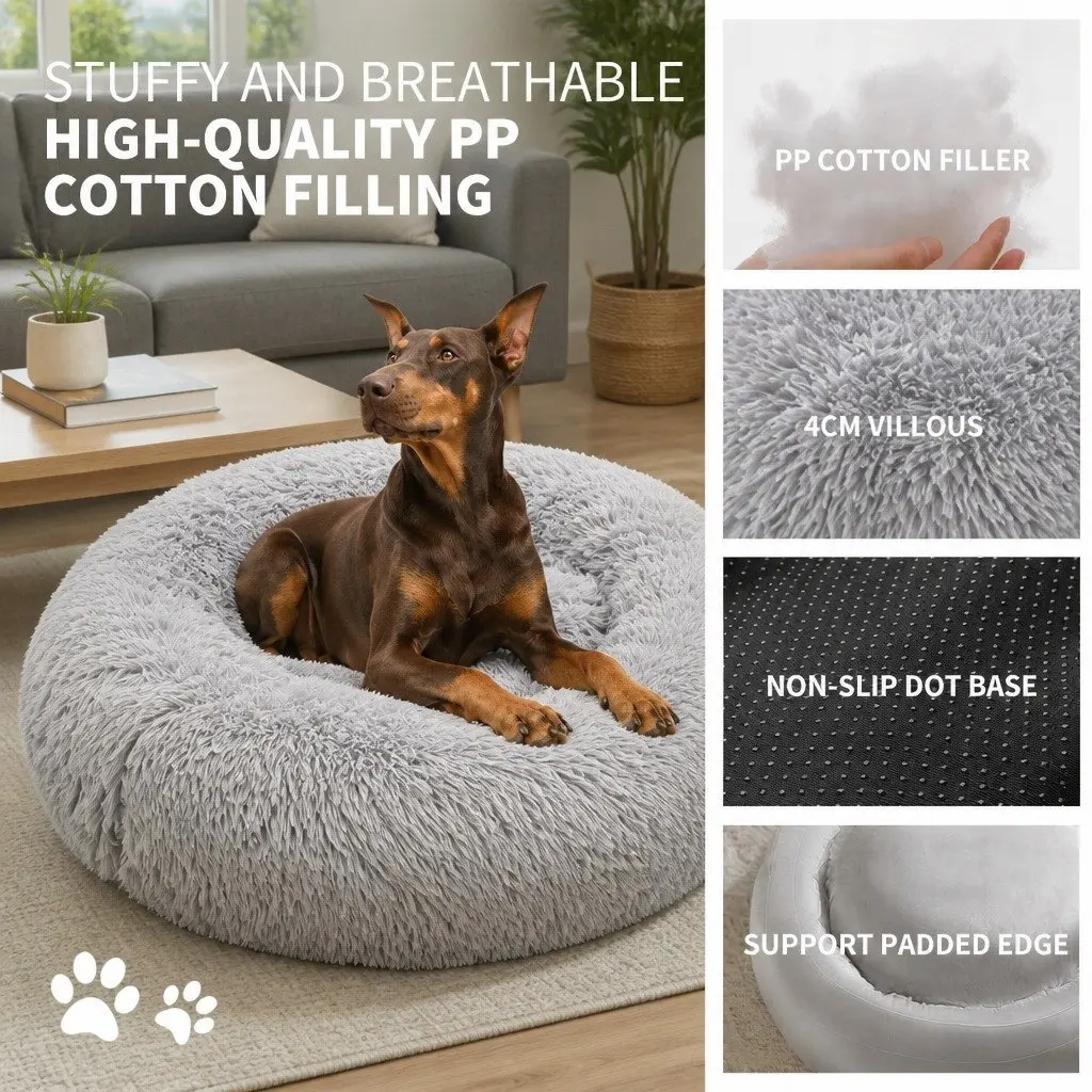 Plush Dog Bed Large Round 90cm Light Grey