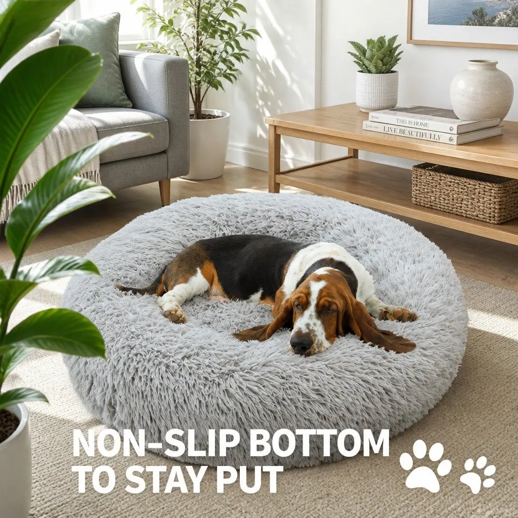 Plush Dog Bed Large Round 90cm Light Grey