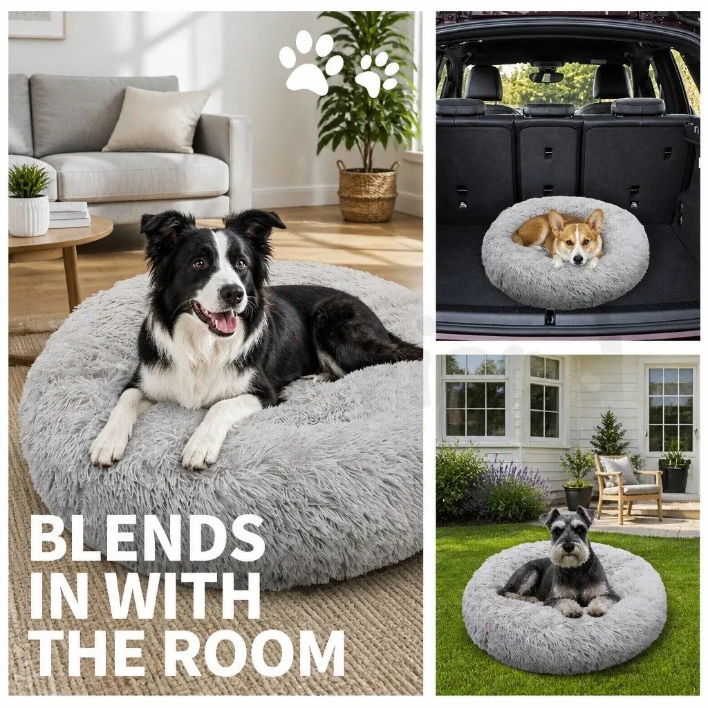Plush Dog Bed Large Round 90cm Light Grey