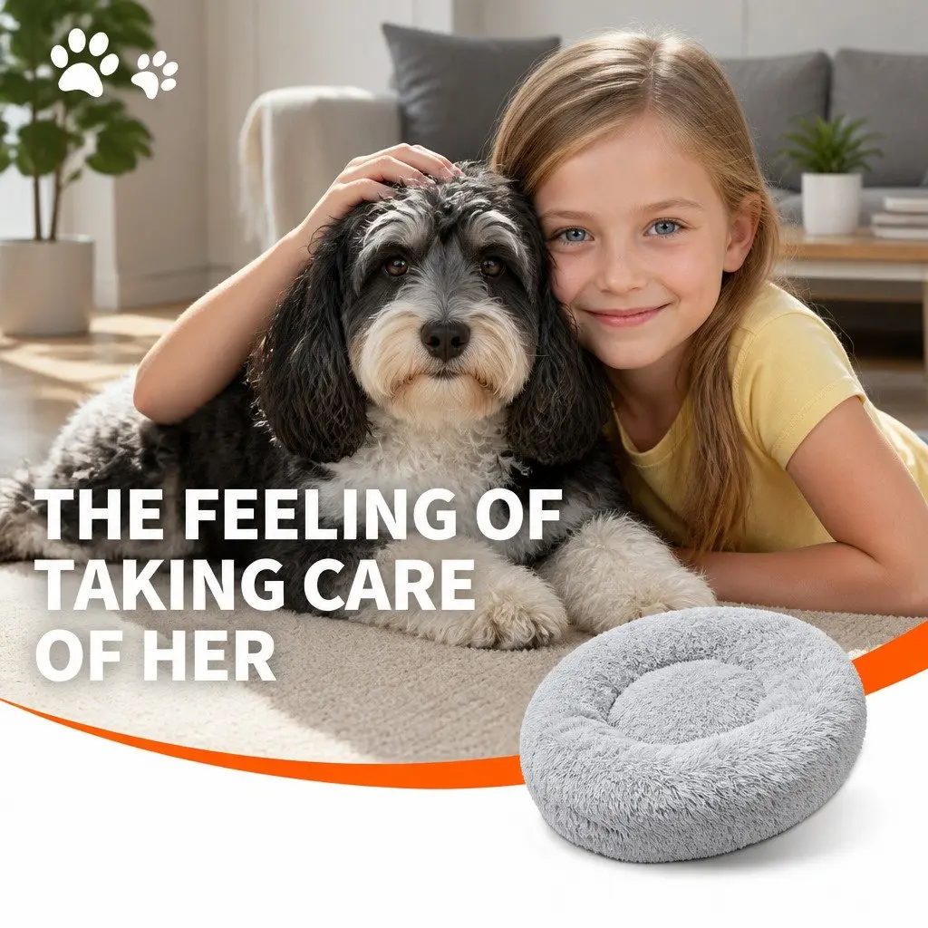 Plush Dog Bed Large Round 90cm Light Grey