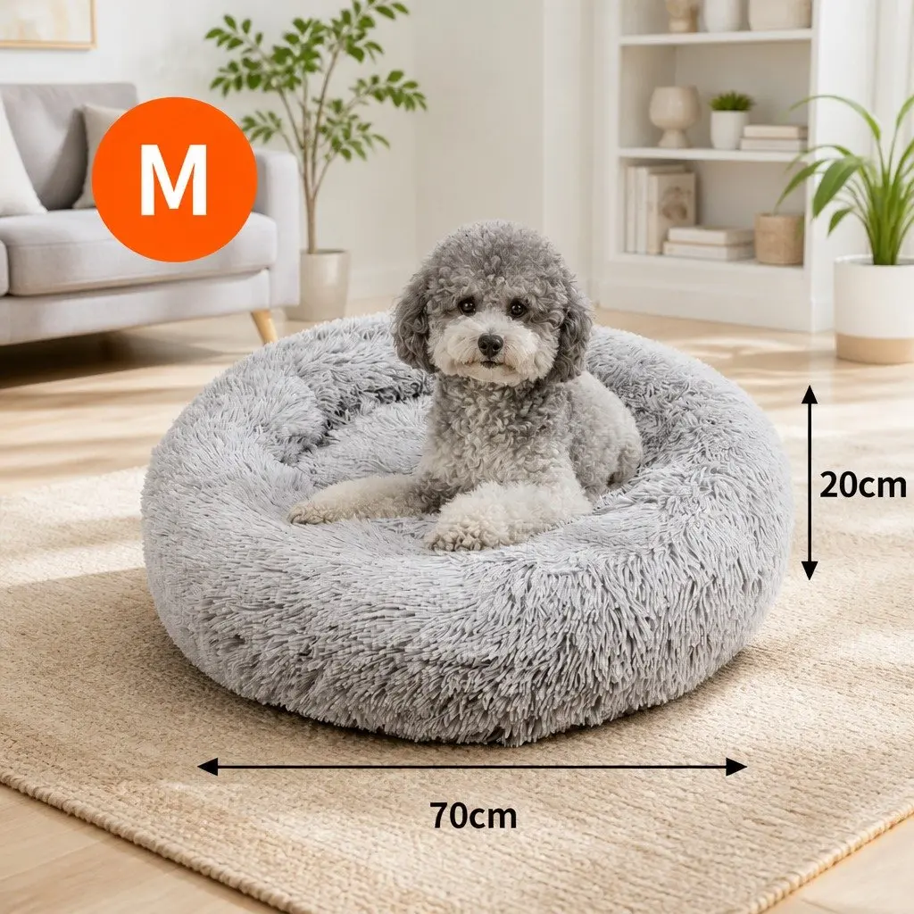 Round Dog Bed Warm Plush Nest M 70cm Light Grey
