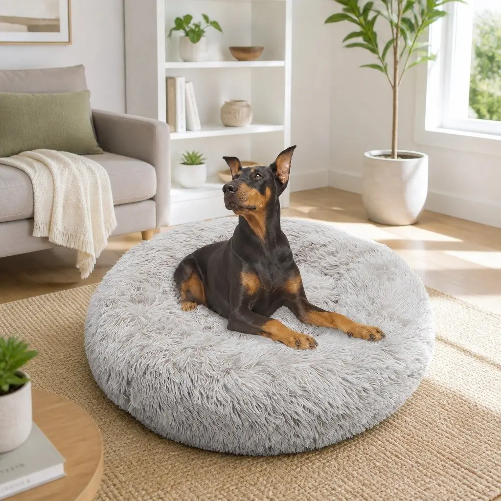 Round Dog Bed Warm Plush Nest M 70cm Light Grey
