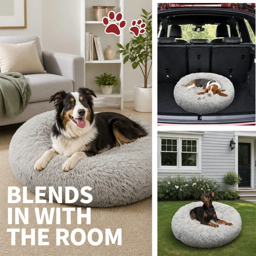 Round Dog Bed Warm Plush Nest M 70cm Light Grey
