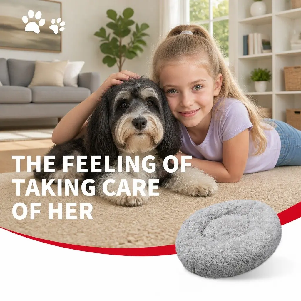 Round Dog Bed Warm Plush Nest M 70cm Light Grey