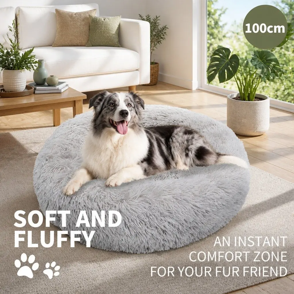 XL Round Dog Bed Warm Plush Pet Nest Comfort Kennel Light Grey 100cm