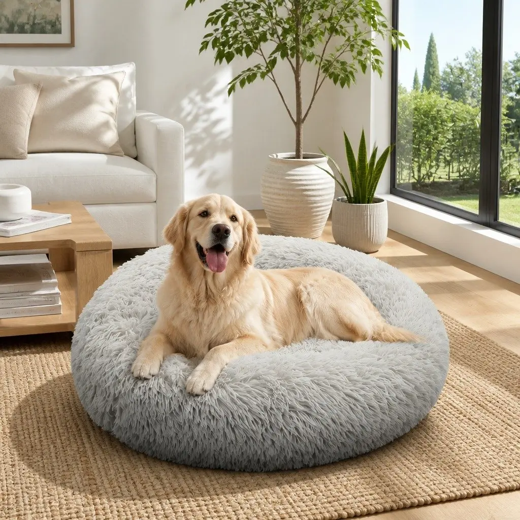 XL Round Dog Bed Warm Plush Pet Nest Comfort Kennel Light Grey 100cm