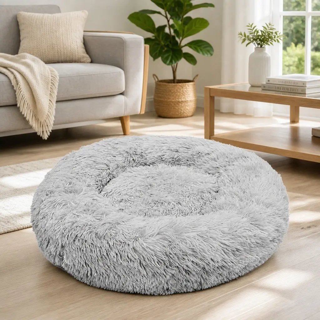 XL Round Dog Bed Warm Plush Pet Nest Comfort Kennel Light Grey 100cm