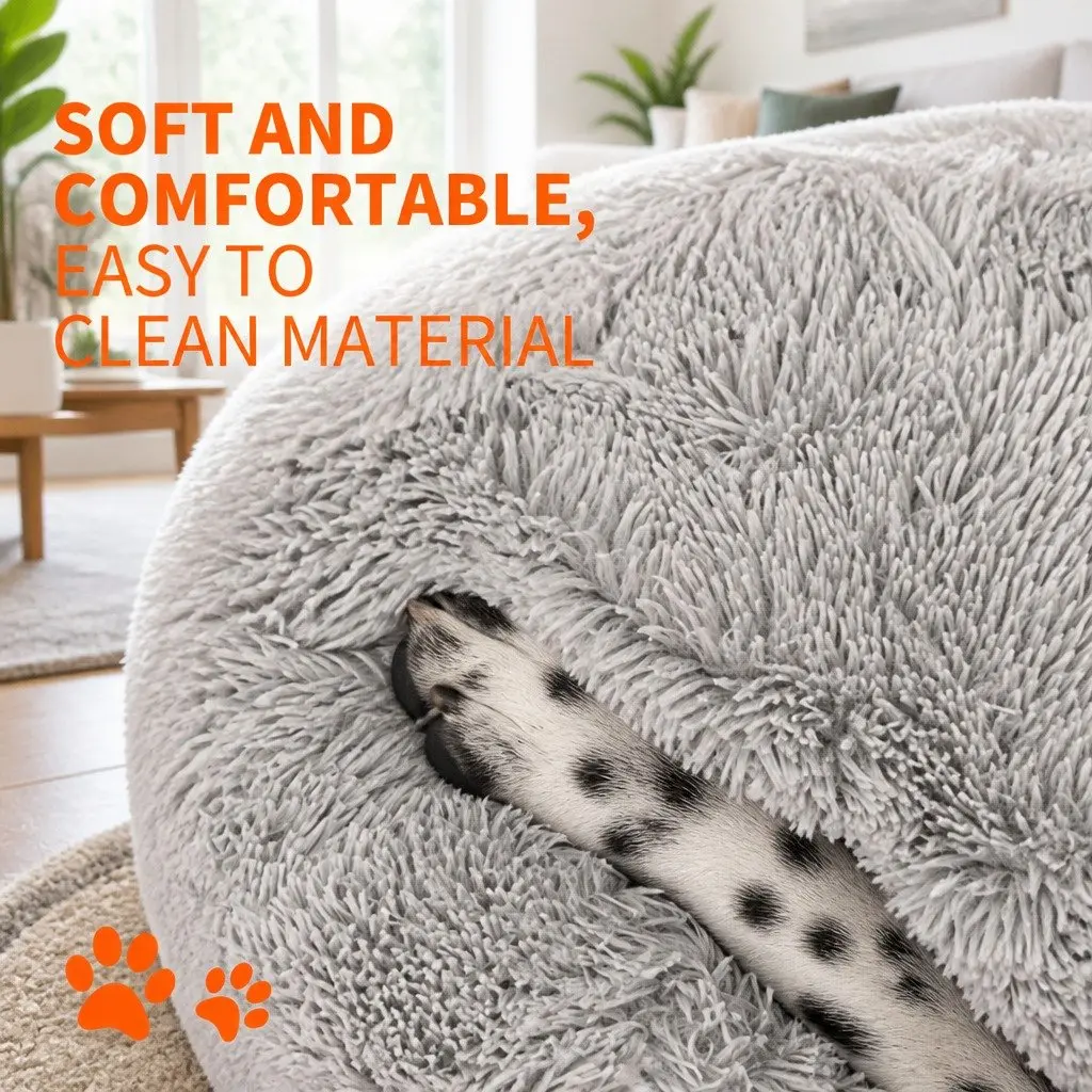 XL Round Dog Bed Warm Plush Pet Nest Comfort Kennel Light Grey 100cm