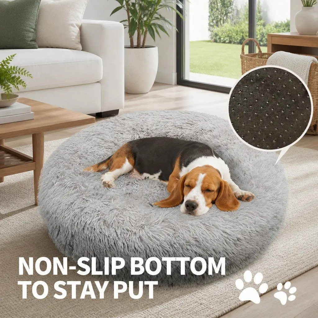 XL Round Dog Bed Warm Plush Pet Nest Comfort Kennel Light Grey 100cm