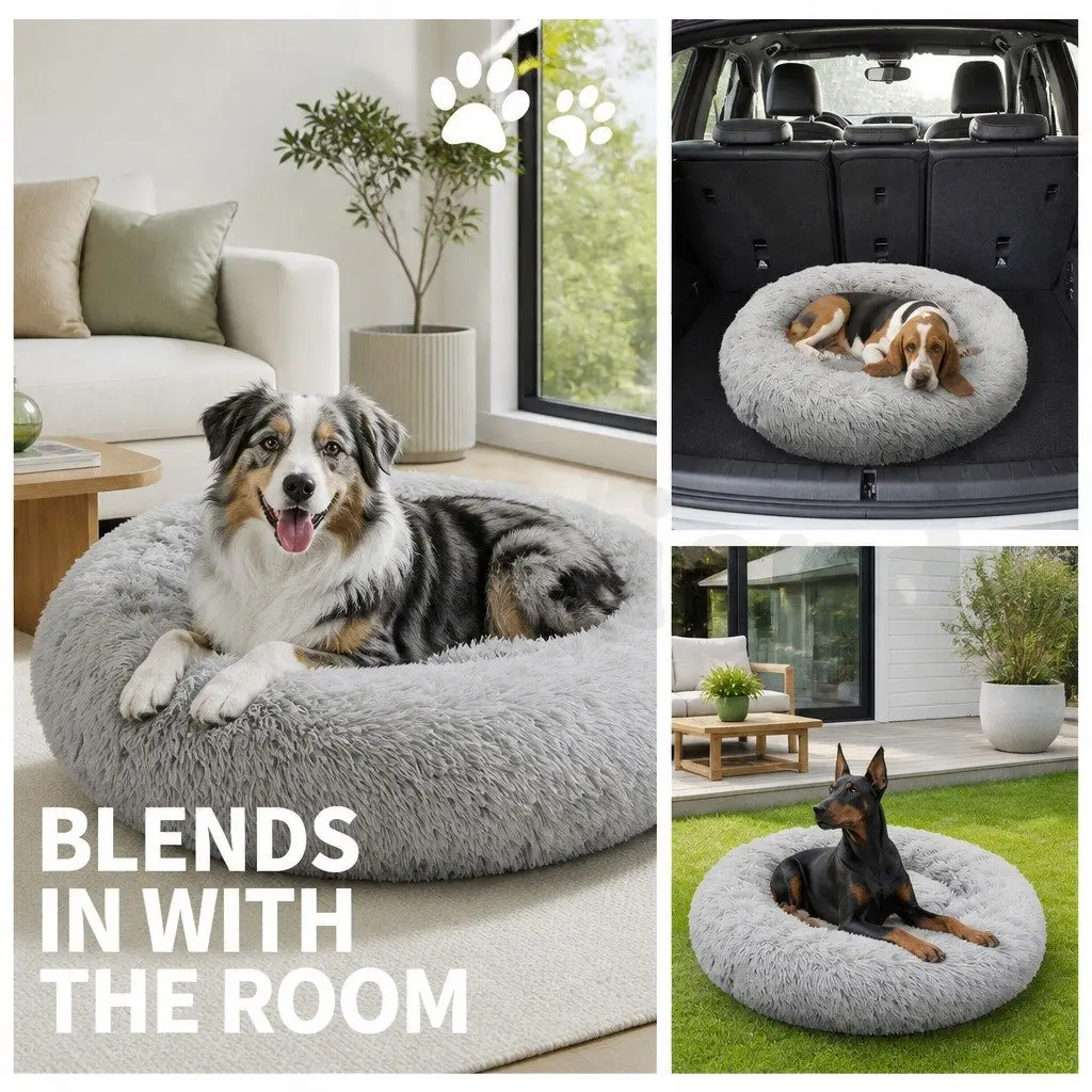 XL Round Dog Bed Warm Plush Pet Nest Comfort Kennel Light Grey 100cm