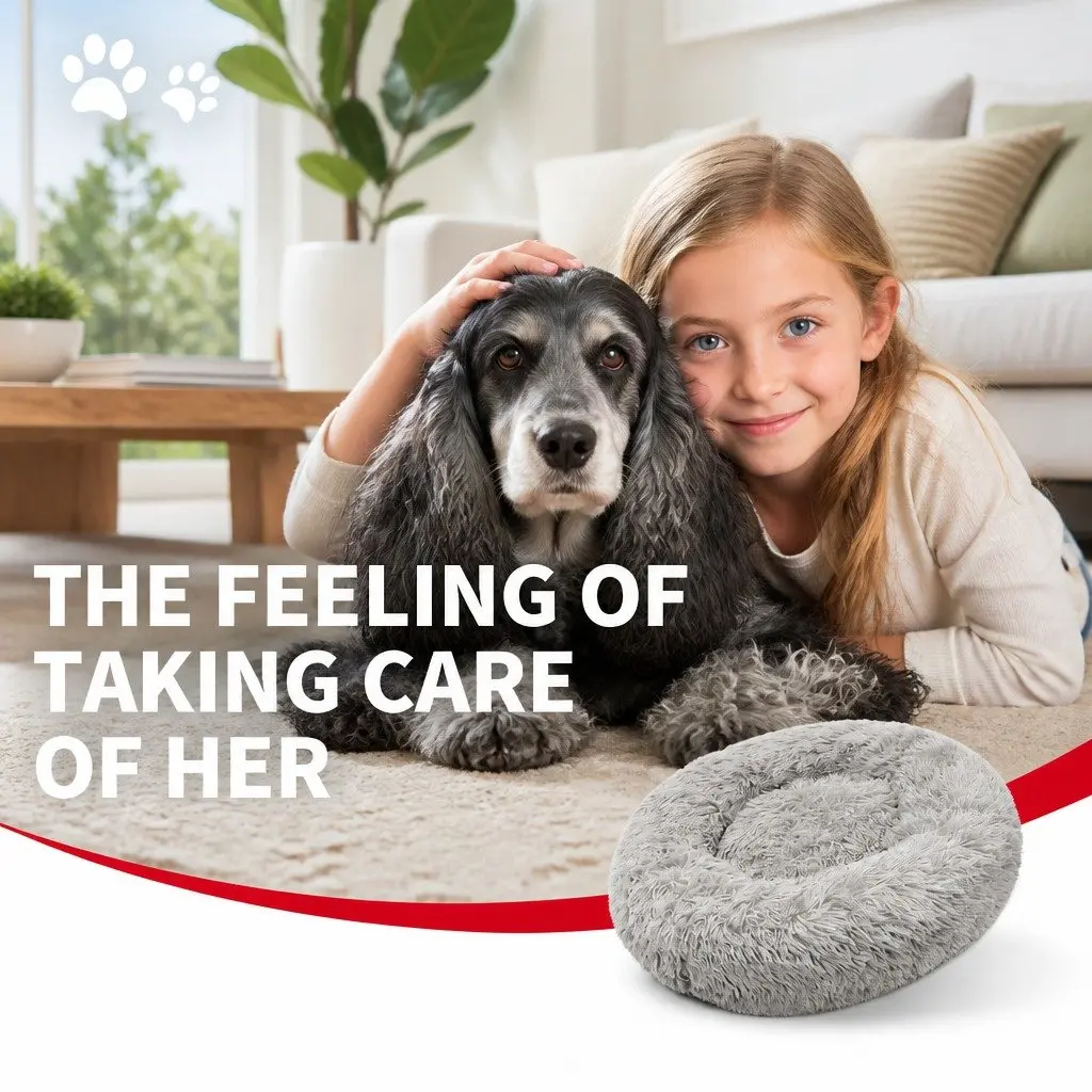 XL Round Dog Bed Warm Plush Pet Nest Comfort Kennel Light Grey 100cm