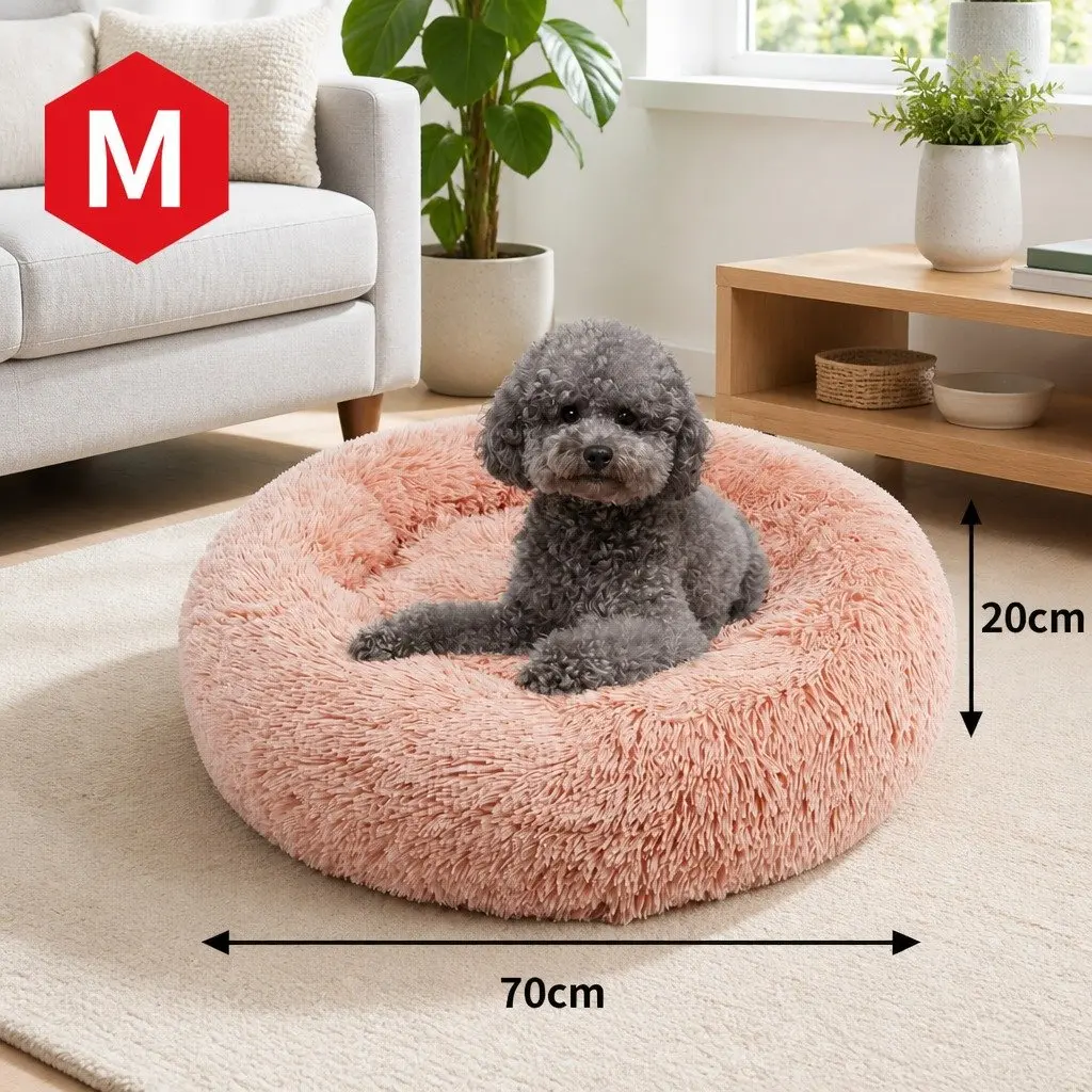Round Pet Dog Bed Warm Plush Nest Comfortable Sleep Kennel M 70cm Pink