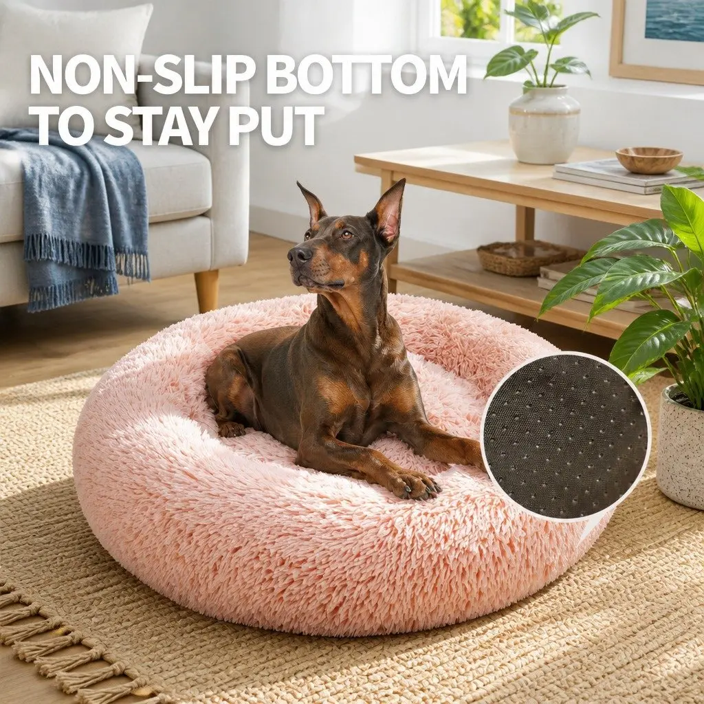 Round Pet Dog Bed Warm Plush Nest Comfortable Sleep Kennel M 70cm Pink