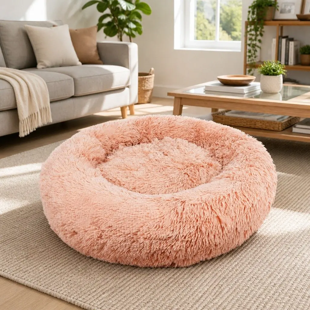 Round Plush Pet Dog Bed Warm Nest Comfortable Sleeping Kennel Pink XXL