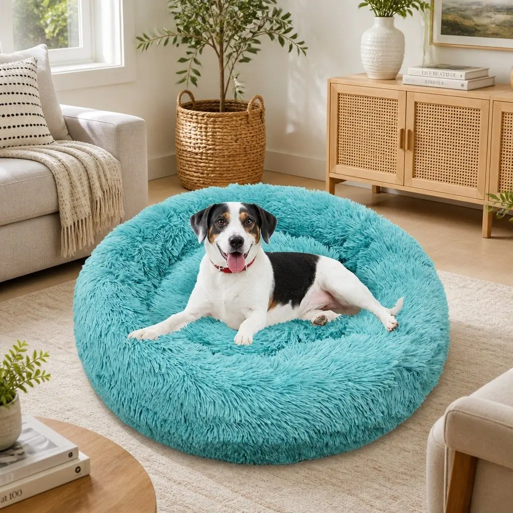 Medium Plush Dog Bed Warm Round Nest 70cm Green