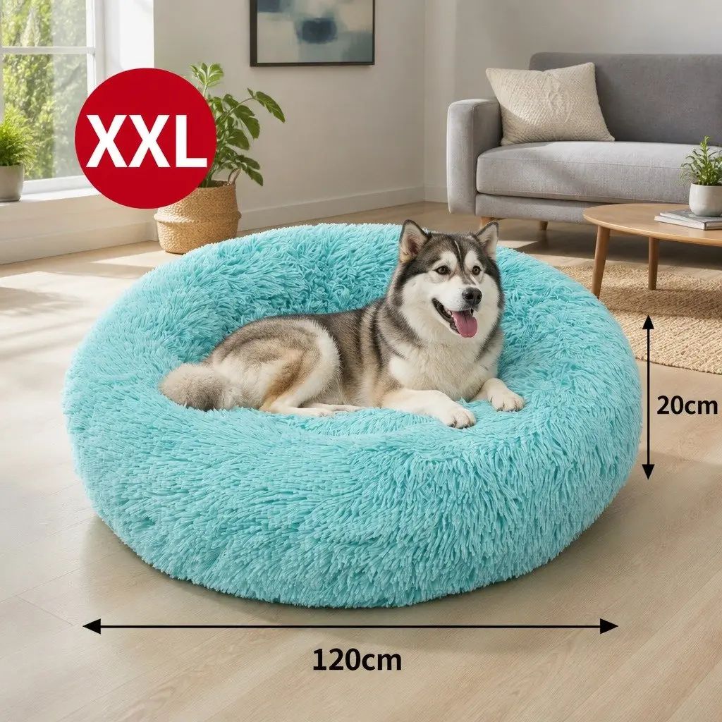 Round Pet Dog Bed Plush Warm Nest Comfy Sleep Kennel Cushion 120cm Green