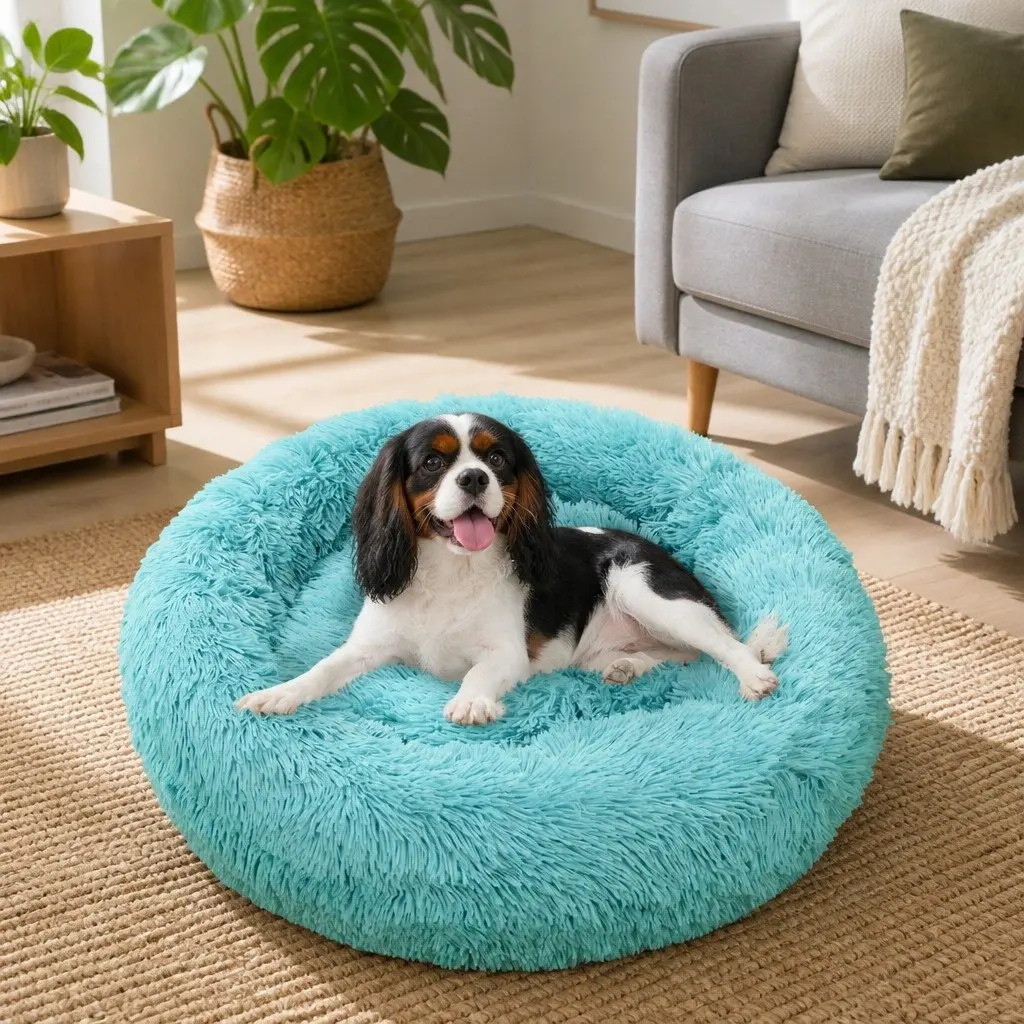 Round Pet Dog Bed Plush Warm Nest Comfy Sleep Kennel Cushion 120cm Green