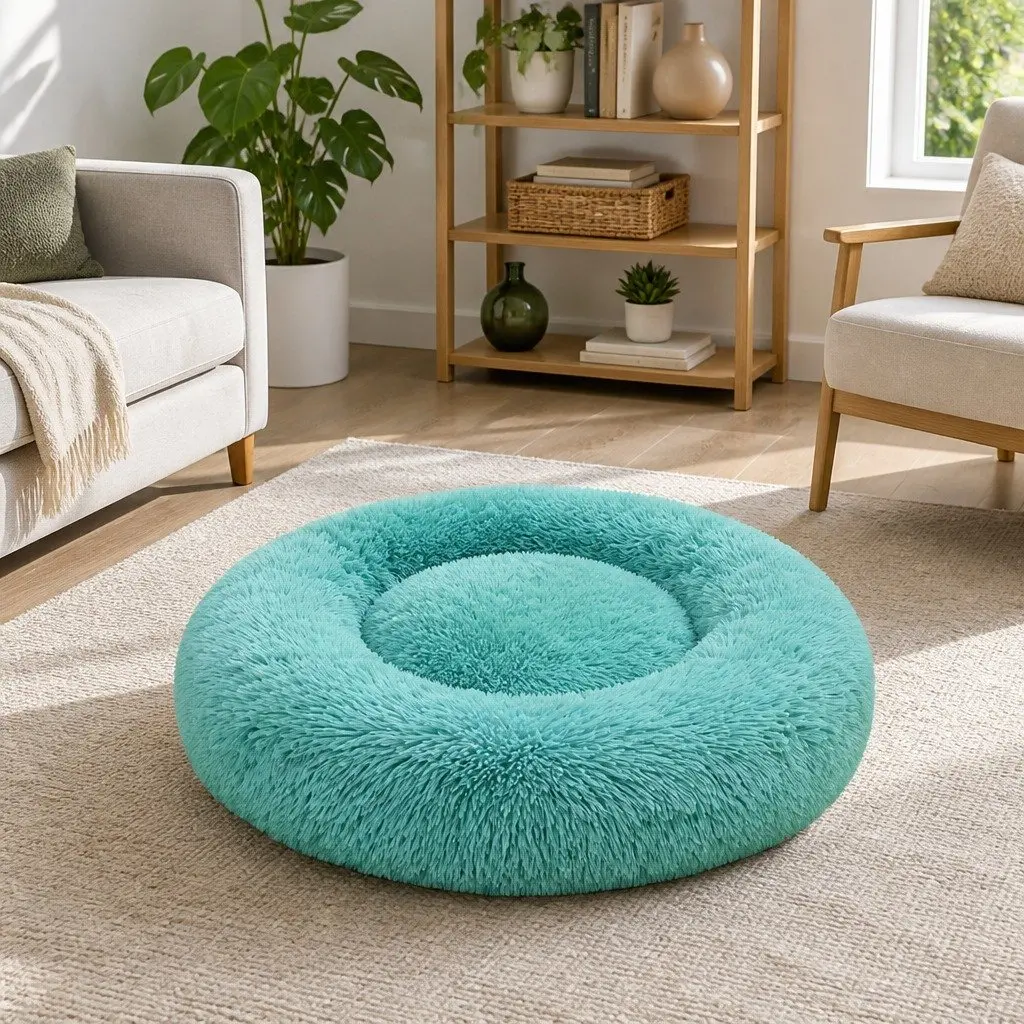 Round Pet Dog Bed Plush Warm Nest Comfy Sleep Kennel Cushion 120cm Green