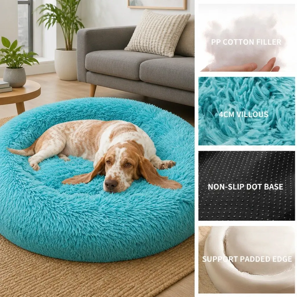 Round Pet Dog Bed Plush Warm Nest Comfy Sleep Kennel Cushion 120cm Green