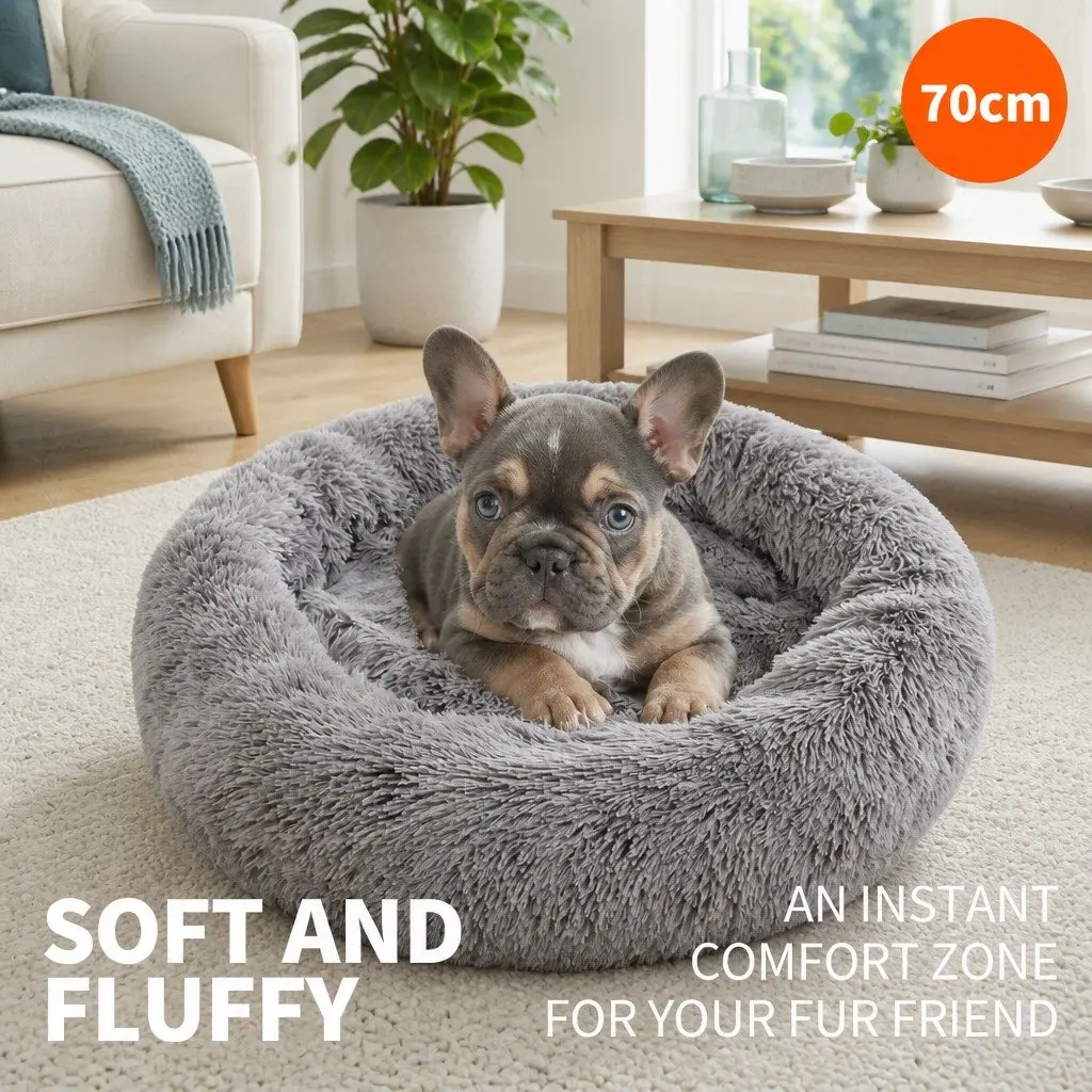 Pet Calming Bed Round Plush Warm Soft Sleeping Nest with Washable Zipper Cover