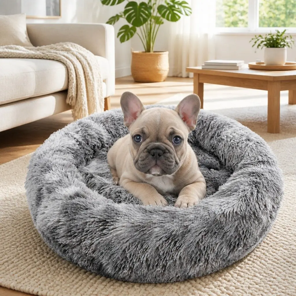 Pet Calming Bed Round Plush Warm Soft Sleeping Nest with Washable Zipper Cover