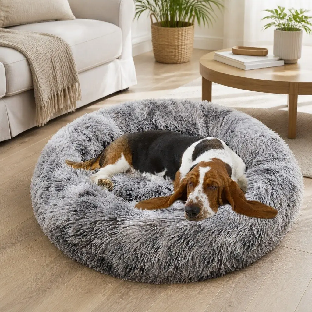 Pet Calming Bed Round Plush Warm Soft Sleeping Nest with Washable Zipper Cover