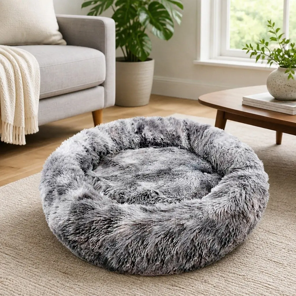 Pet Calming Bed Round Plush Warm Soft Sleeping Nest with Washable Zipper Cover