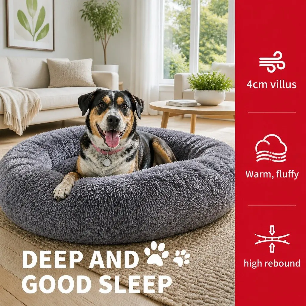 Pet Calming Bed Round Plush Warm Soft Sleeping Nest with Washable Zipper Cover
