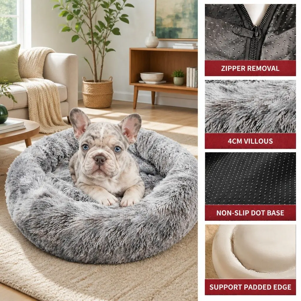 Pet Calming Bed Round Plush Warm Soft Sleeping Nest with Washable Zipper Cover