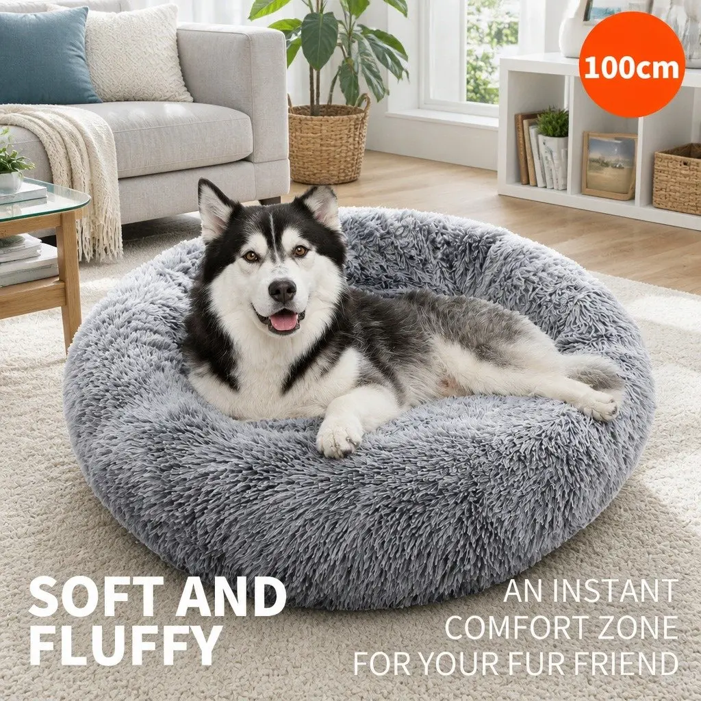 Pet Bed Soft Plush Round Calming Kennel Removable Washable 120cm