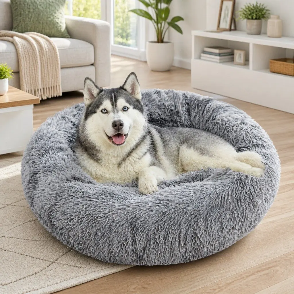 Pet Bed Soft Plush Round Calming Kennel Removable Washable 120cm