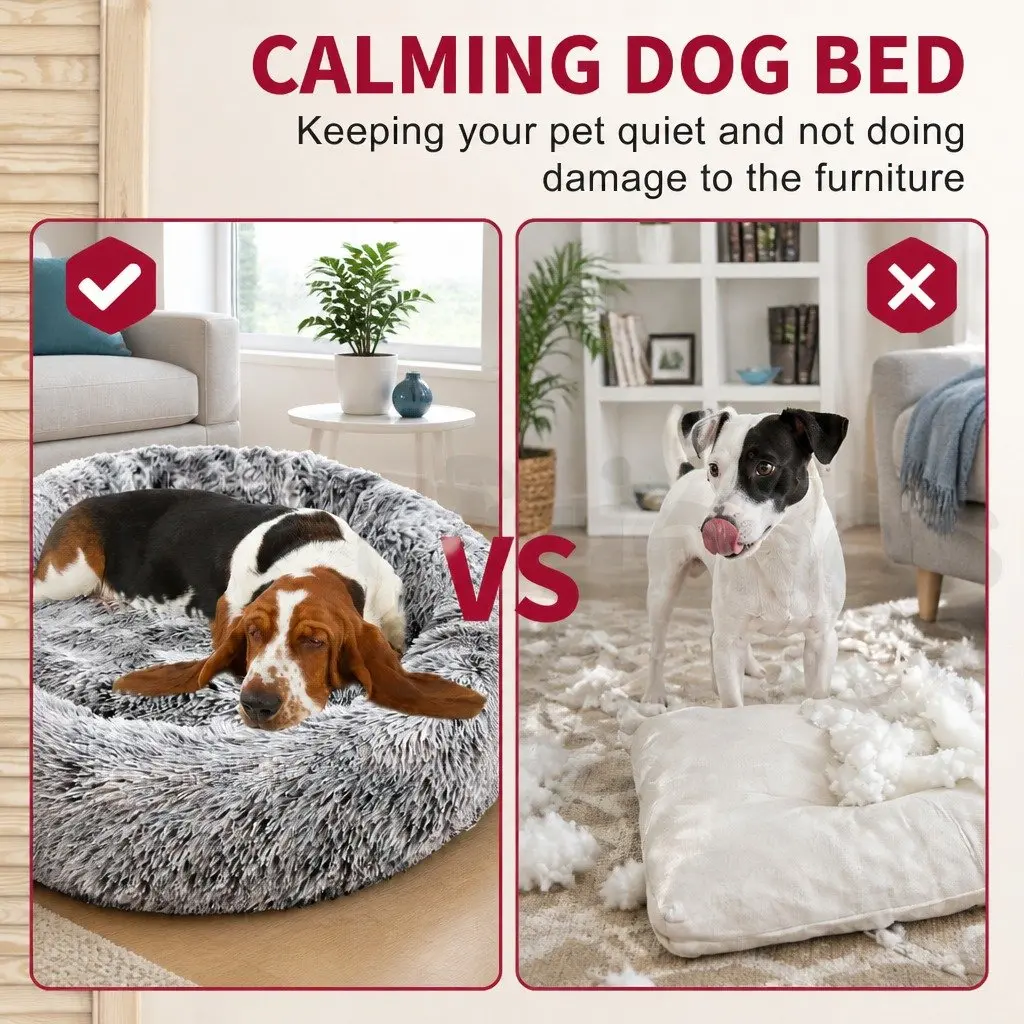 Pet Bed Soft Plush Round Calming Kennel Removable Washable 120cm