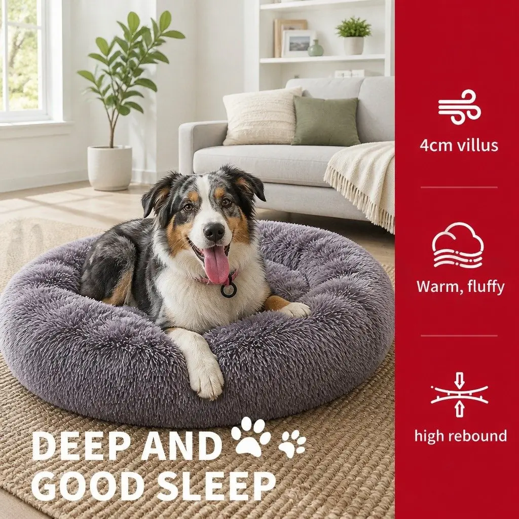 Pet Bed Soft Plush Round Calming Kennel Removable Washable 120cm