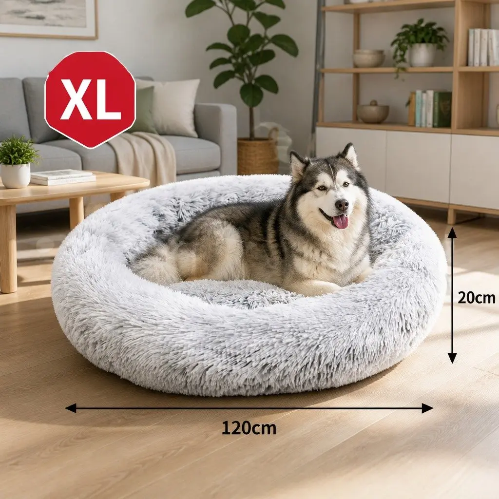 Pet Calming Bed Round Washable Zipper Cover Soft Plush Sleeping Nest 120cm