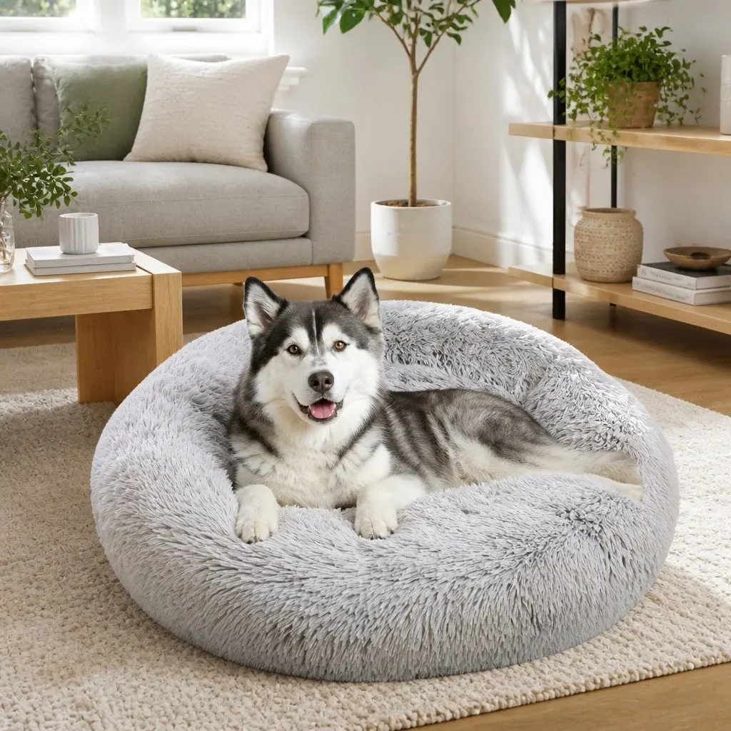 Pet Calming Bed Round Washable Zipper Cover Soft Plush Sleeping Nest 120cm