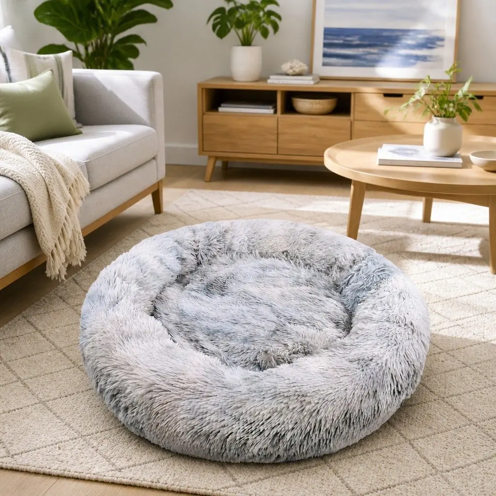 Pet Calming Bed Round Washable Zipper Cover Soft Plush Sleeping Nest 120cm