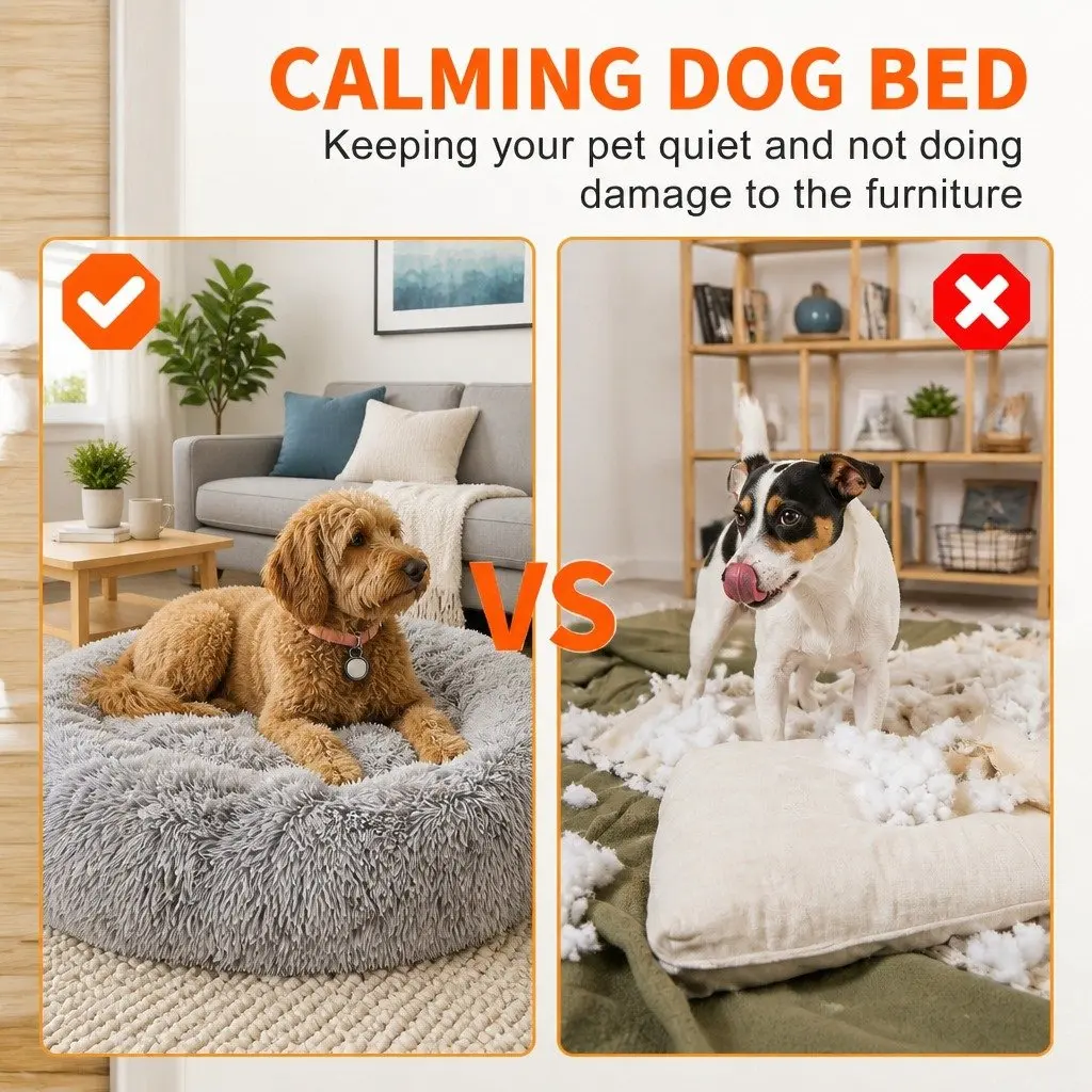 Pet Calming Bed Round Washable Zipper Cover Soft Plush Sleeping Nest 120cm