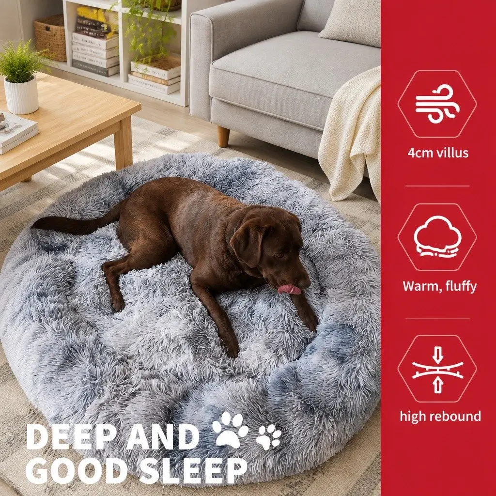 Pet Calming Bed Round Washable Zipper Cover Soft Plush Sleeping Nest 120cm