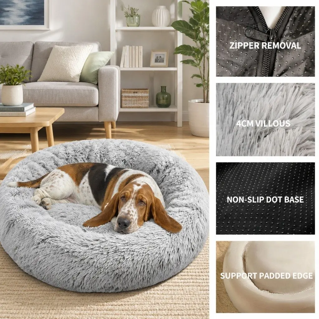Pet Calming Bed Round Washable Zipper Cover Soft Plush Sleeping Nest 120cm