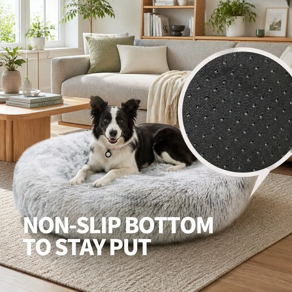 Pet Calming Bed Round Washable Zipper Cover Soft Plush Sleeping Nest 120cm
