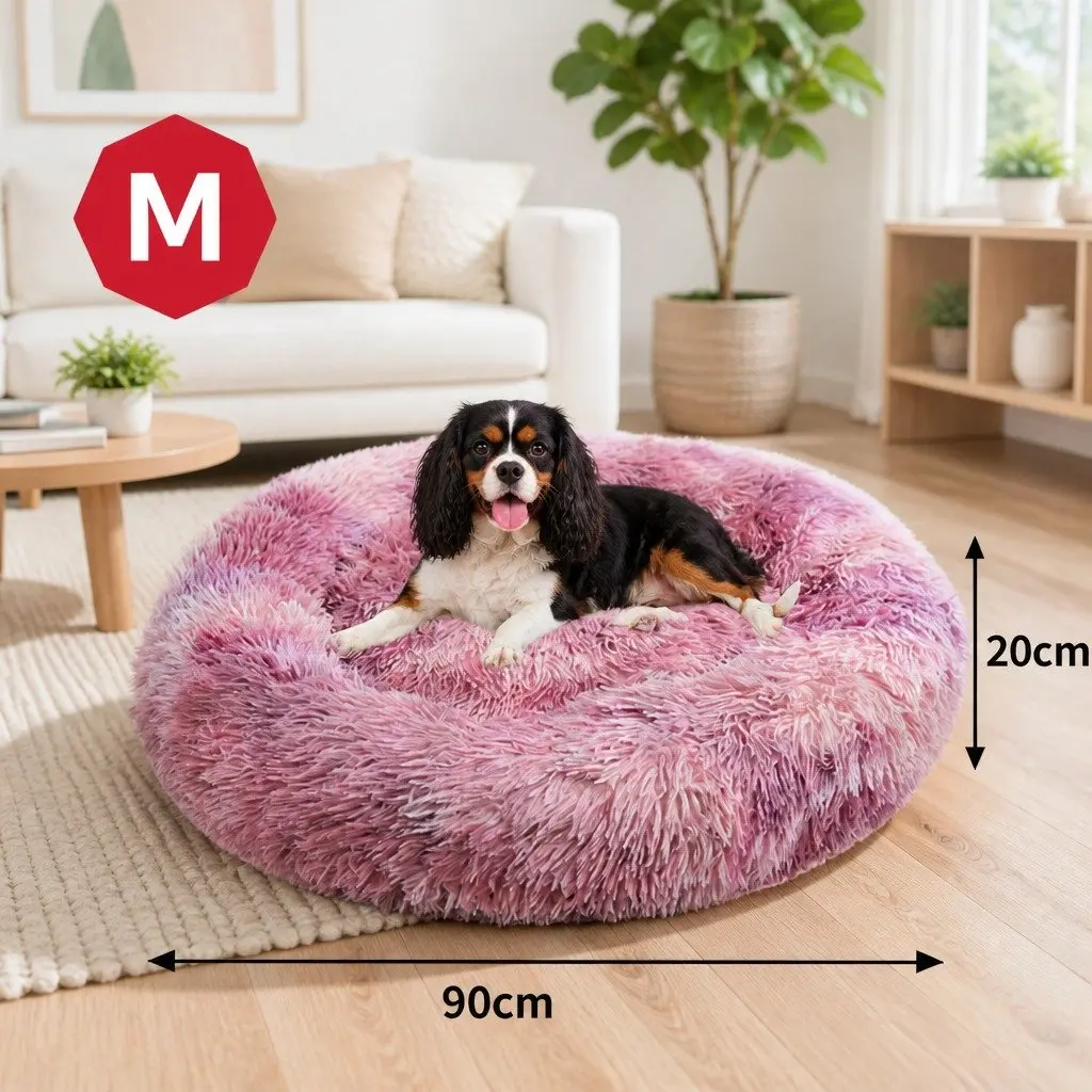 Pet Calming Bed Round Nest Warm Soft Plush Comfy Sleeping Cave Kennel 90cm