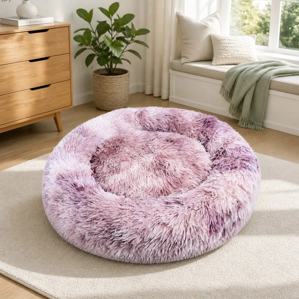 Pet Calming Bed Round Nest Warm Soft Plush Comfy Sleeping Cave Kennel 90cm
