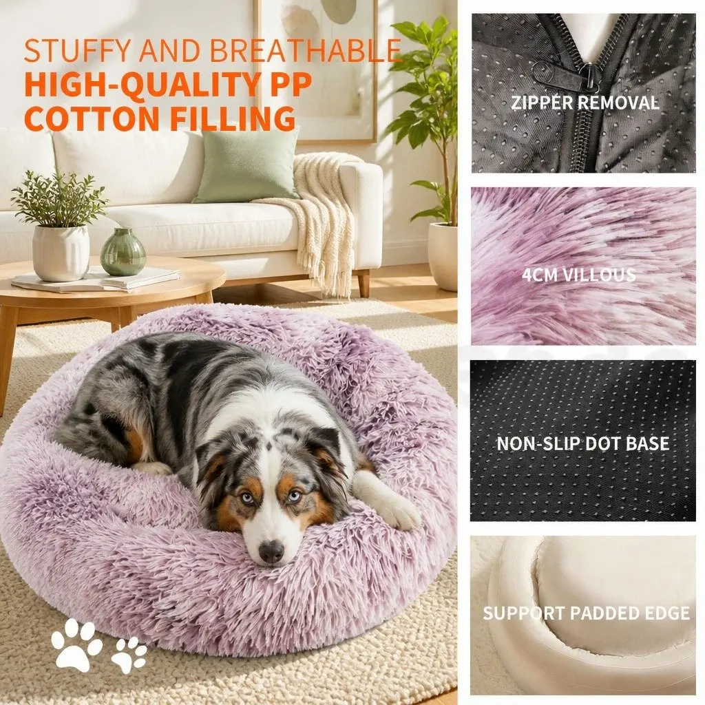 Pet Calming Bed Round Nest Warm Soft Plush Comfy Sleeping Cave Kennel 90cm