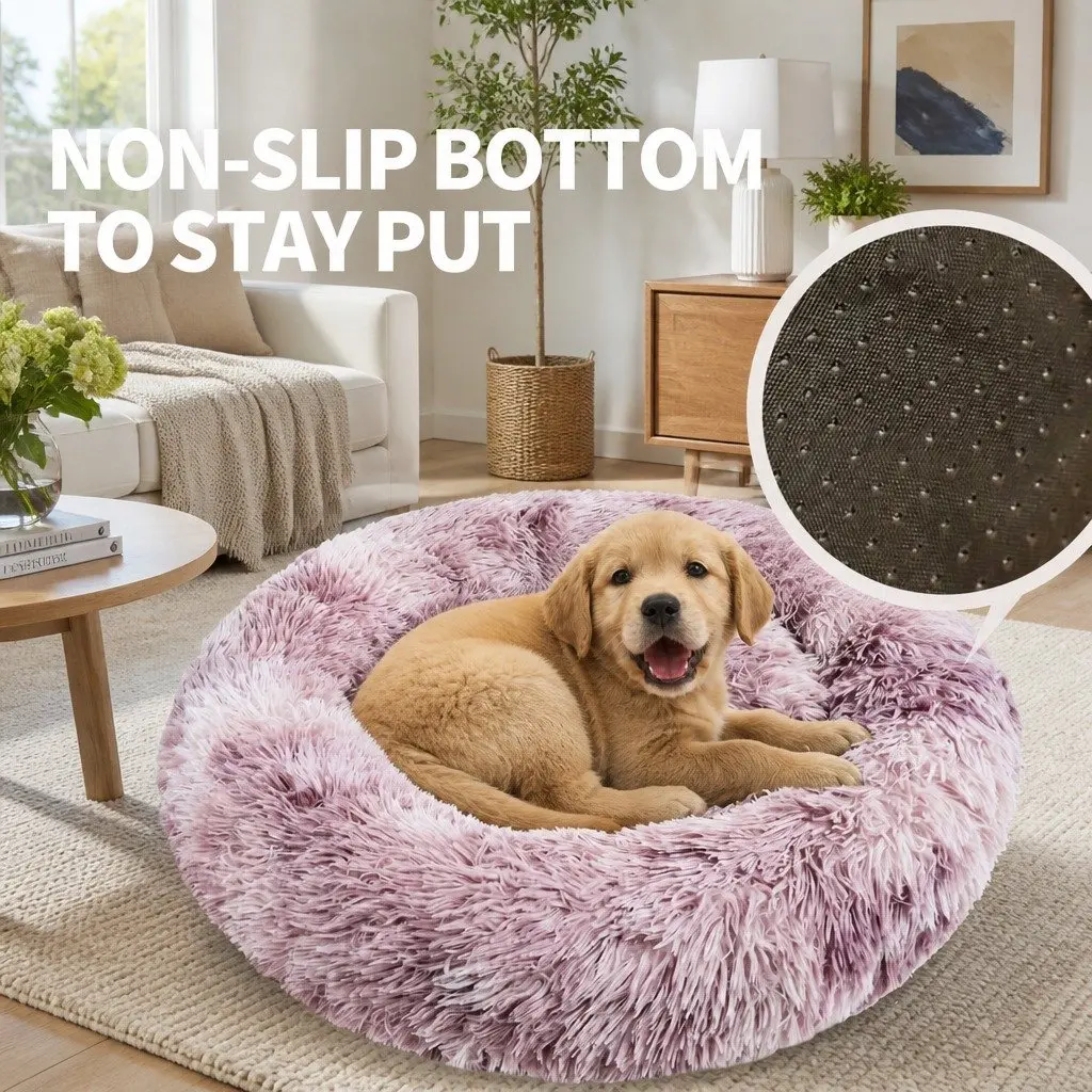 Pet Calming Bed Round Nest Warm Soft Plush Comfy Sleeping Cave Kennel 90cm