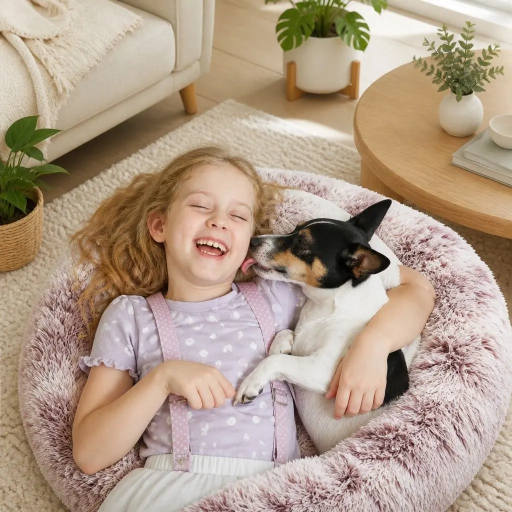 Pet Calming Bed Round Nest Warm Soft Plush Comfy Sleeping Cave Kennel 90cm