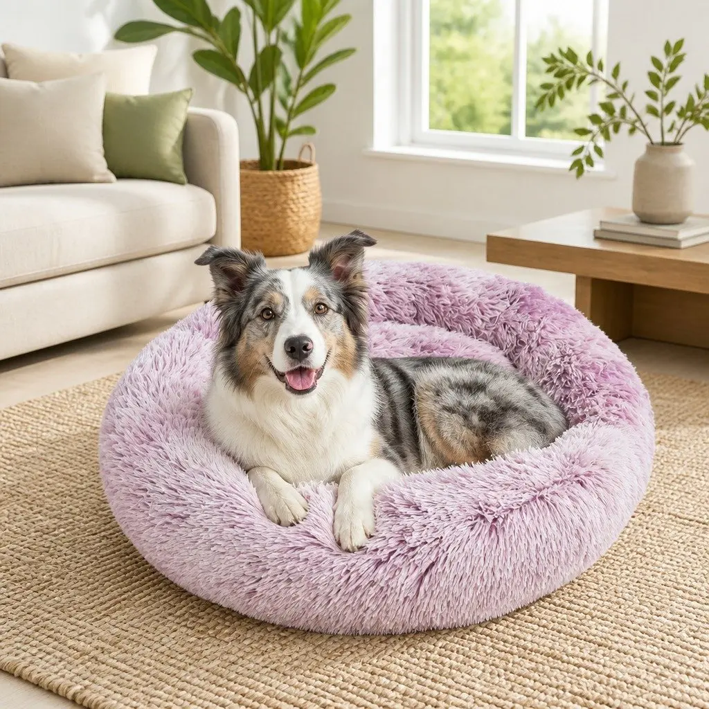 Dog Cat Pet Calming Bed Round Plush Comfy Sleeping Cave 120cm