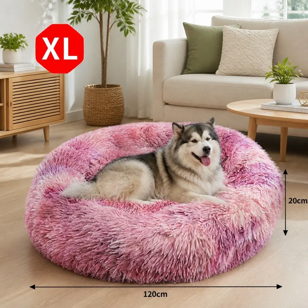 Dog Cat Pet Calming Bed Round Plush Comfy Sleeping Cave 120cm