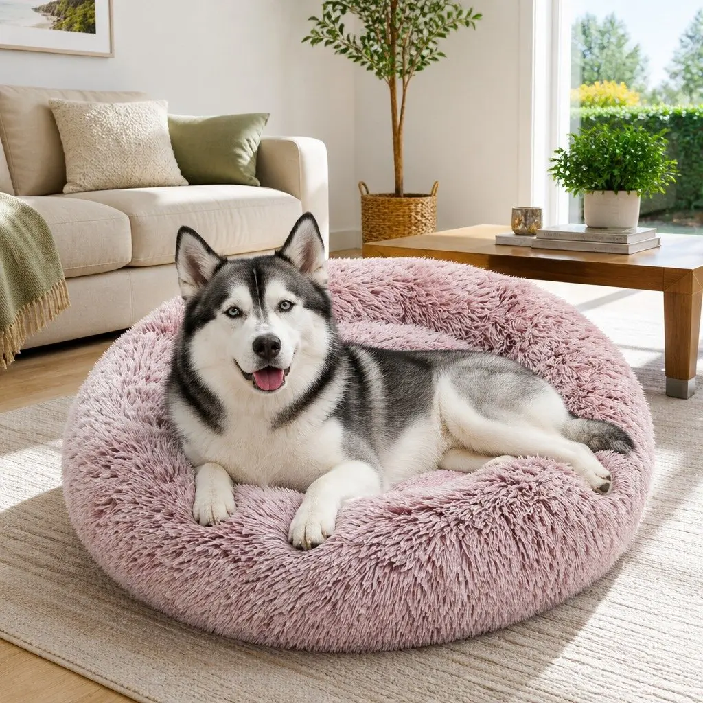 Dog Cat Pet Calming Bed Round Plush Comfy Sleeping Cave 120cm